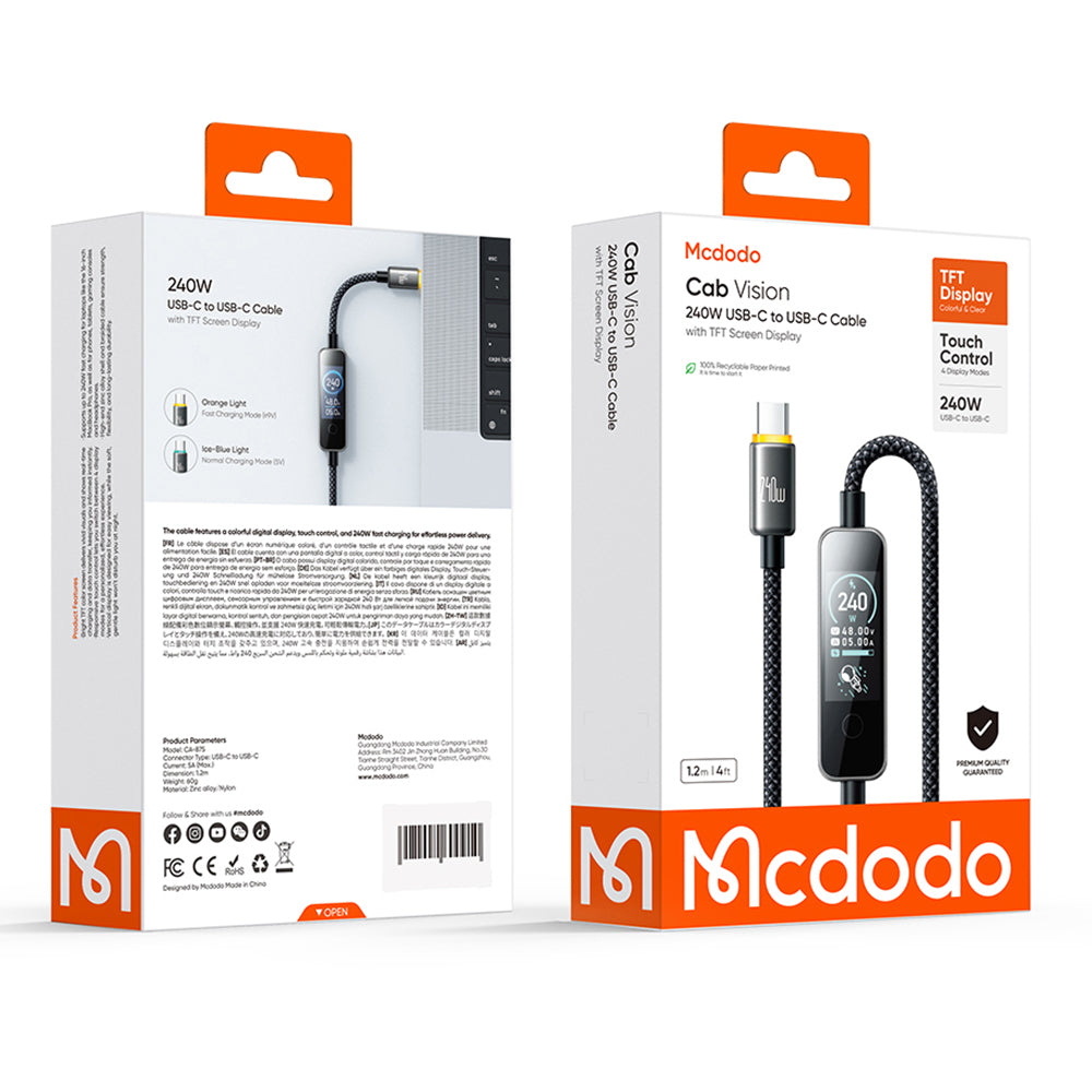 Cabo de Dados e Carregamento USB-C - USB-C McDodo CA-8750 Display, 240W, 1,2m, Preto
