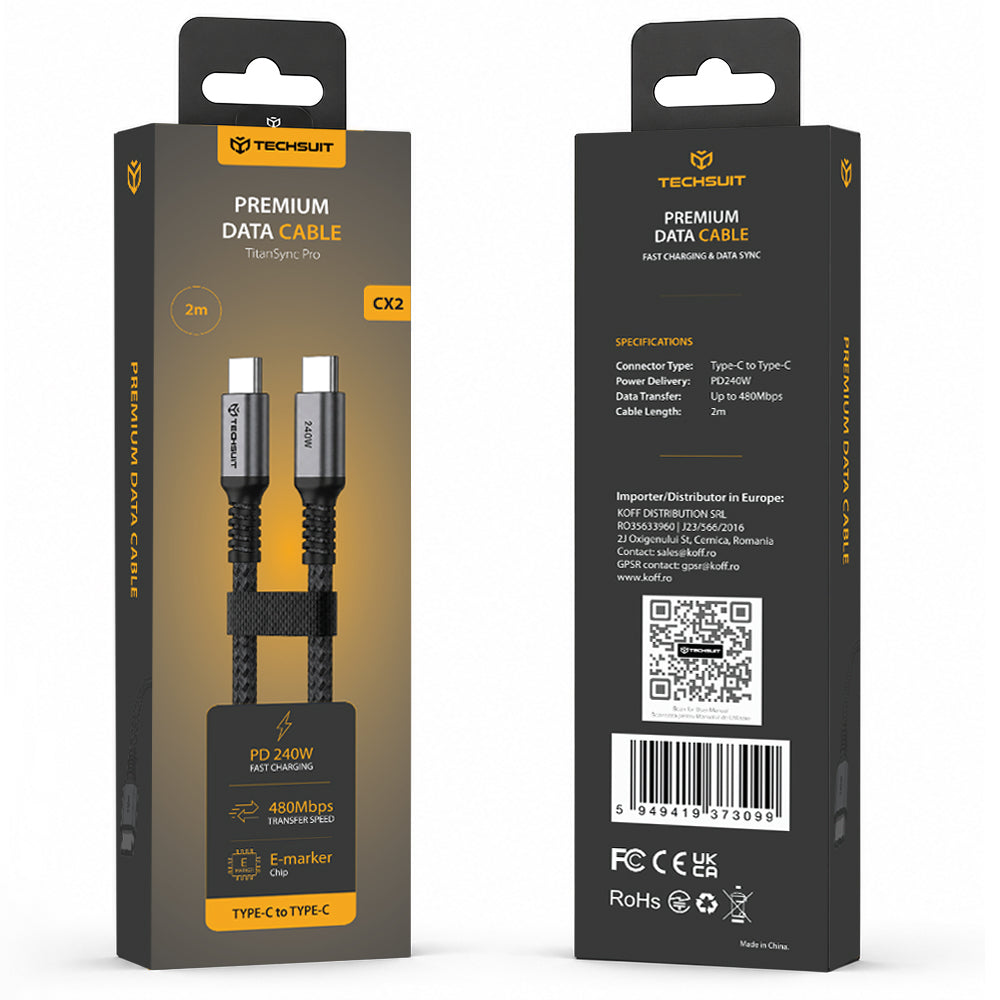 Cabo de Dados e Carregamento USB-C - USB-C Techsuit TitanSync Pro CX2, 240W, 2m, Cinzento