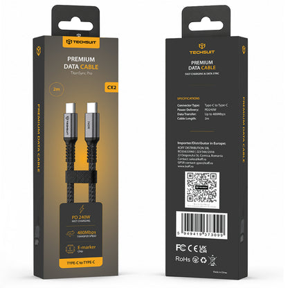 Cabo de Dados e Carregamento USB-C - USB-C Techsuit TitanSync Pro CX2, 240W, 2m, Cinzento