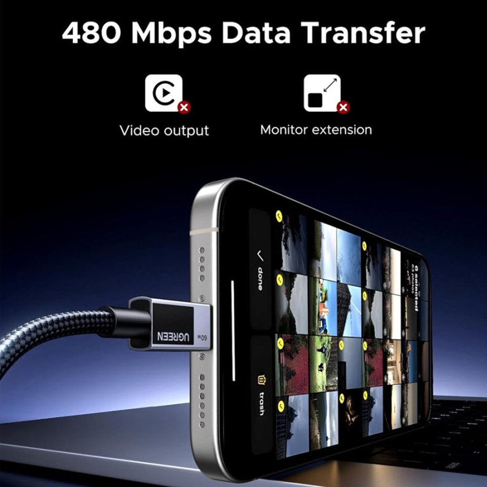 Cabo de Dados e Carregamento USB-C - USB-C UGREEN L524, 60W, 1m, Cinzento