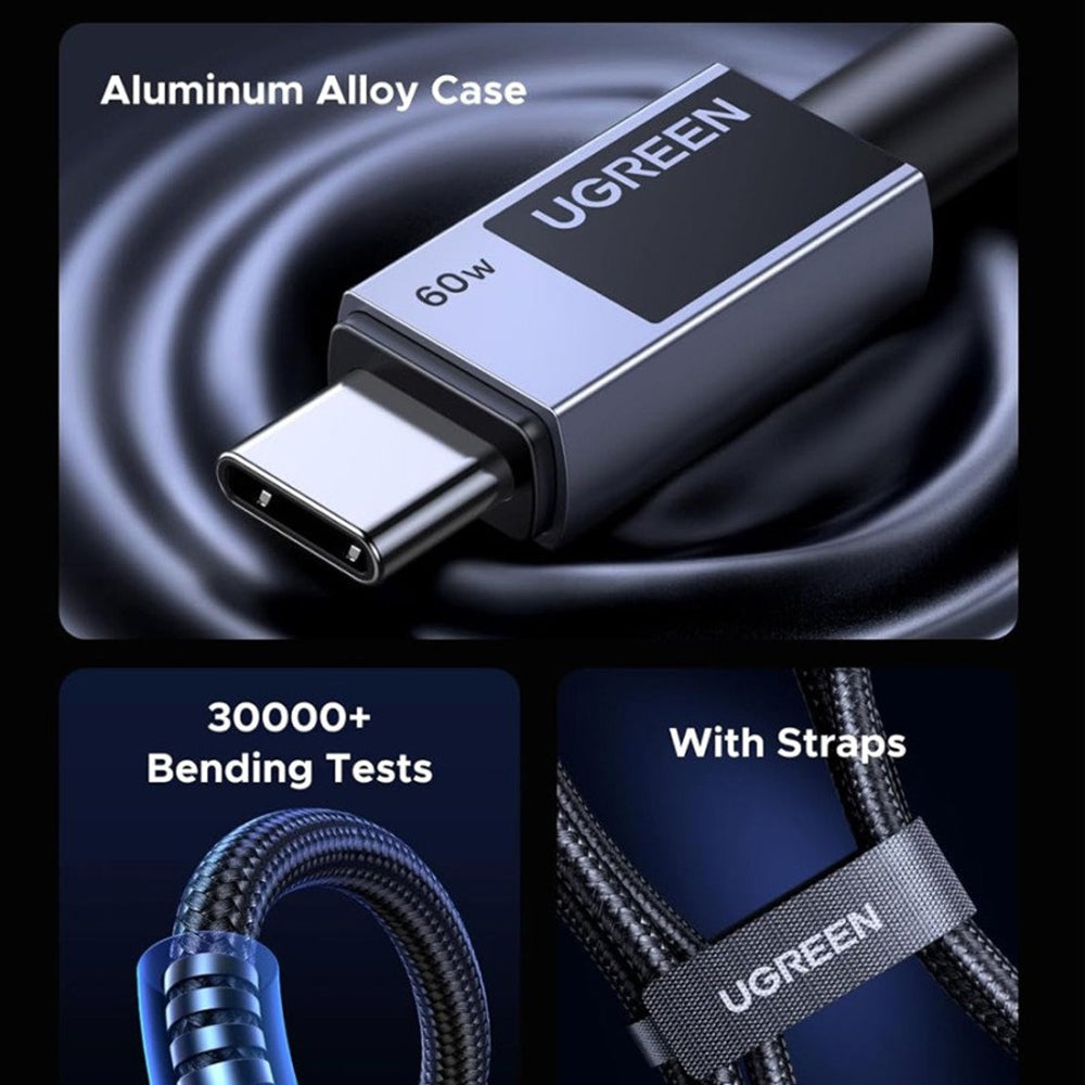 Cabo de Dados e Carregamento USB-C - USB-C UGREEN L524, 60W, 1m, Cinzento
