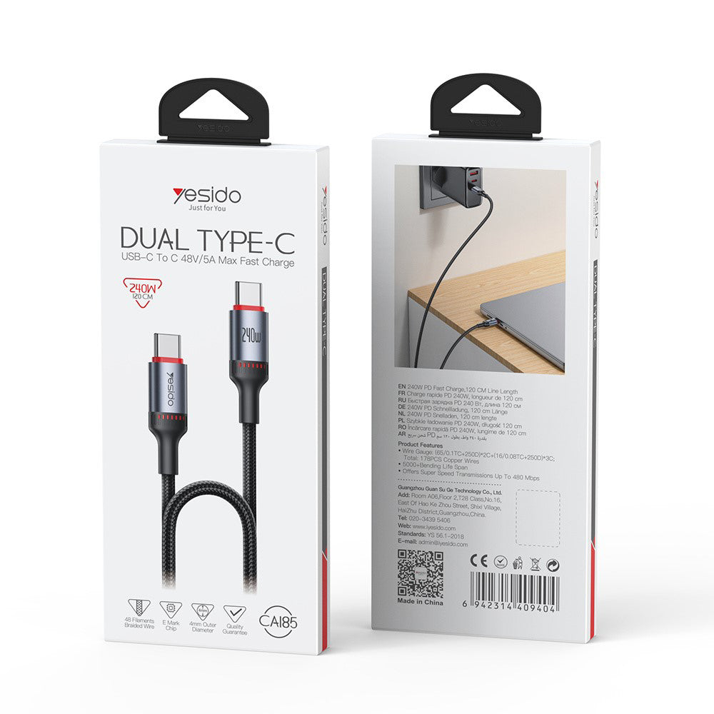USB-C Data and Charging Cable - USB-C Yesido CA185, 240W, 1.2m, Black