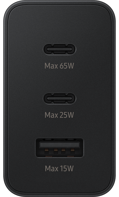 Carregador de rede Samsung Trio, 65 W, 3,5 A, 1 x USB-A - 2 x USB-C, preto EP-T6530NBEGEU