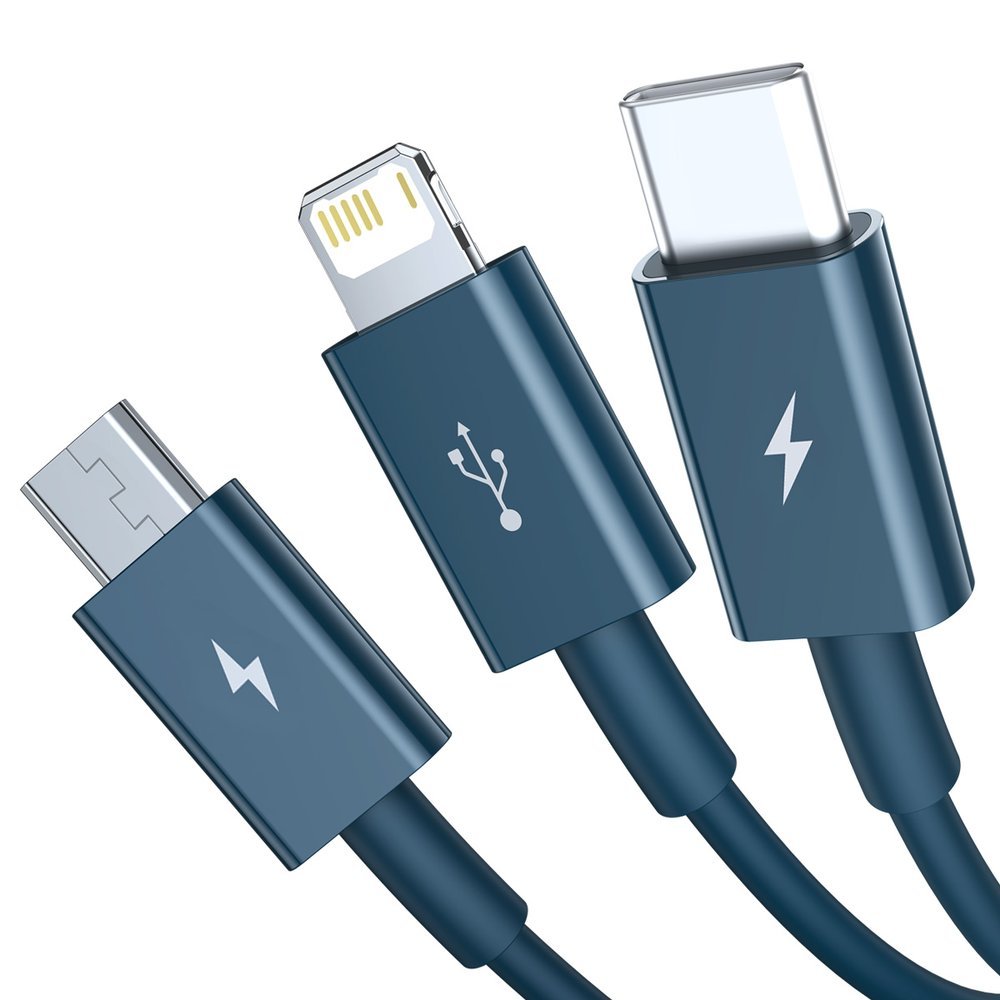 Cabo de carregamento USB-A - Lightning / microUSB / USB-C Baseus Superior Série 3em1, 20W, 1,5 m, Azul CAMLTYS-03 