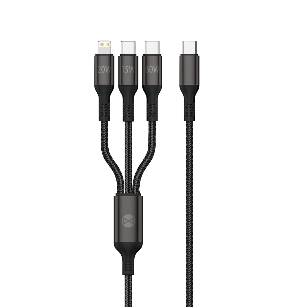 Cabo de carregamento Forever 3in1 USB-A - Lightning / 2 x USB-C Forever 3in1, 60W, 1,2 m, preto