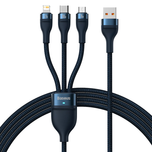 USB-A Charging Cable - Lightning / microUSB / USB-C Baseus Flash Series II 3in1, 100W, 1.2m, Blue CASS030003