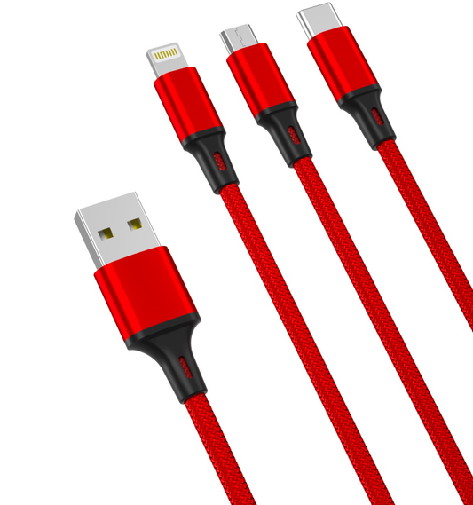 Cabo de Carregamento USB-A - Lightning / microUSB / USB-C XO Design NB173 3 em 1, 18W, 1.2m, Vermelho