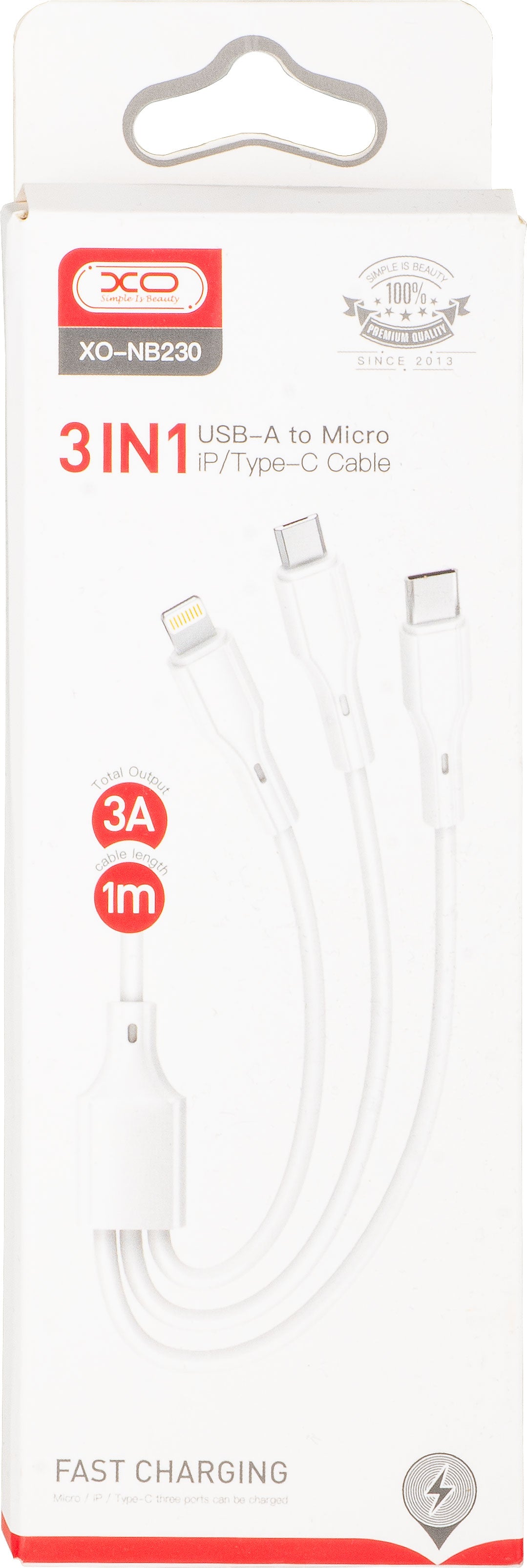 Cabo de Carregamento USB-A - Lightning / microUSB / USB-C XO Design NB230 3em1, 20W, 1m, Branco