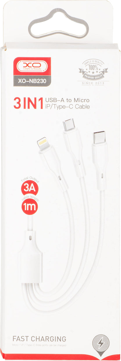 Cabo de Carregamento USB-A - Lightning / microUSB / USB-C XO Design NB230 3em1, 20W, 1m, Branco