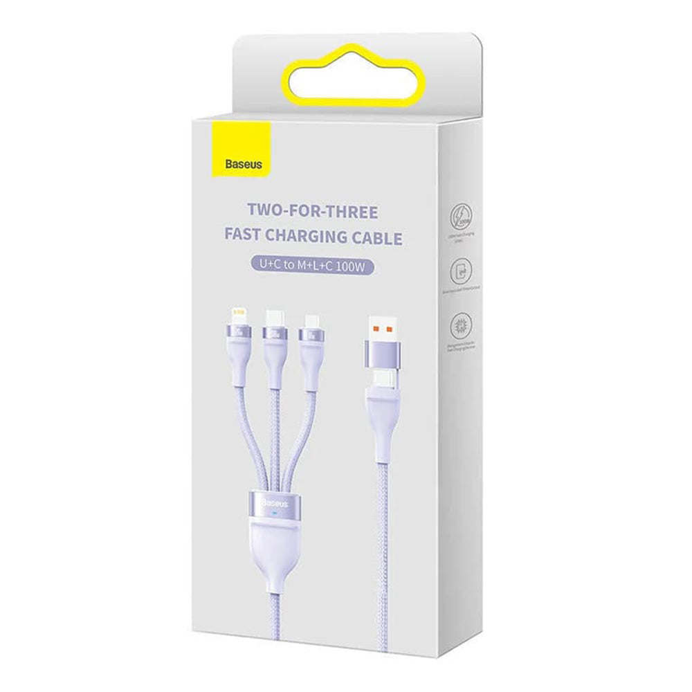 Cabo de Carregamento USB-A / USB-C - Lightning / microUSB / USB-C Baseus Flash Series II 3in1, 100W, 1.2m, Roxo CASS030105