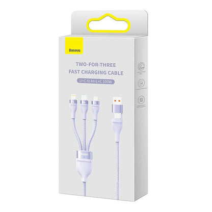 Cabo de Carregamento USB-A / USB-C - Lightning / microUSB / USB-C Baseus Flash Series II 3in1, 100W, 1.2m, Roxo CASS030105