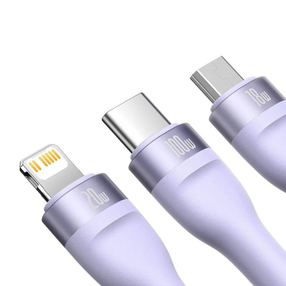 Cabo de Carregamento USB-A / USB-C - Lightning / microUSB / USB-C Baseus Flash Series II 3in1, 100W, 1.2m, Roxo CASS030105