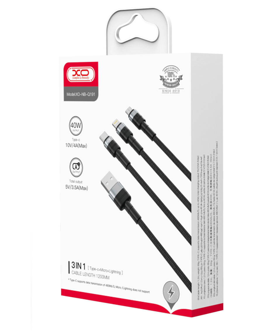 Cabo de Carregamento USB-A - Lightning / microUSB / USB-C XO Design NB-Q191 3in1, 66W, 1.2m, Preto