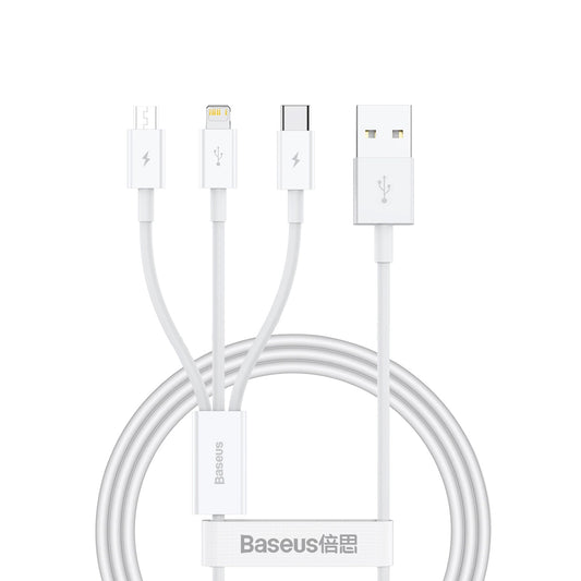 Cabo de carregamento USB-A - Lightning / microUSB / USB-C Baseus Superior 3in1 Series, 20W, 0,5 m, branco 