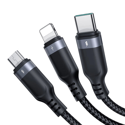 Cabo de Carregamento USB-A - Lightning / microUSB / USB-C Joyroom S-A18 3em1, 20W, 0.3m, Preto