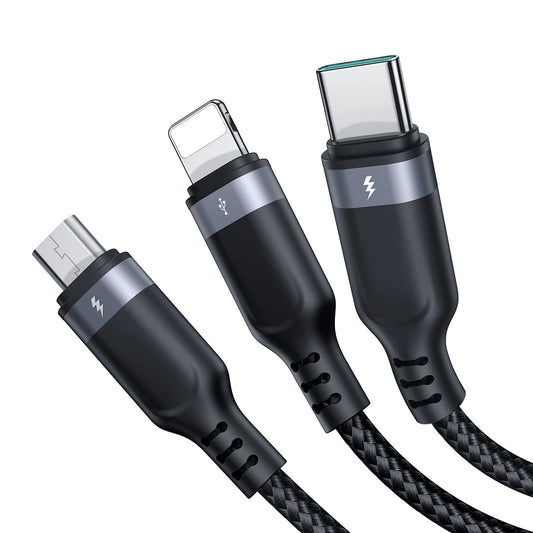 Cabo de Carregamento USB-A - Lightning / microUSB / USB-C Joyroom S-A18 3em1, 20W, 0.3m, Preto