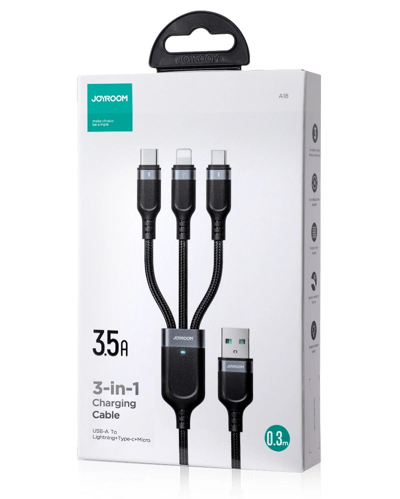 Cabo de Carregamento USB-A - Lightning / microUSB / USB-C Joyroom S-A18 3em1, 20W, 0.3m, Preto