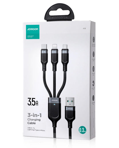 Cabo de Carregamento USB-A - Lightning / microUSB / USB-C Joyroom S-A18 3em1, 20W, 0.3m, Preto