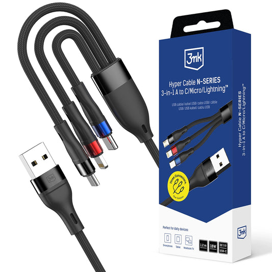 Cabo de Carregamento USB-A - Lightning / microUSB / USB-C 3MK Hyper N, 18W, 1.2m, Preto