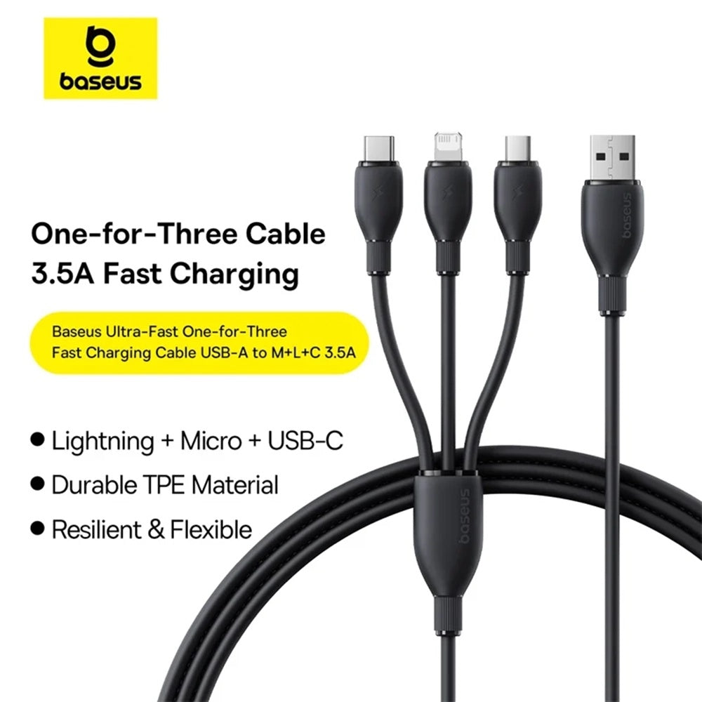 Cabo de Carregamento USB-A - Lightning / microUSB / USB-C Baseus Ultra Fast 3in1, 18W, 1.3m, Preto P10376303121-00