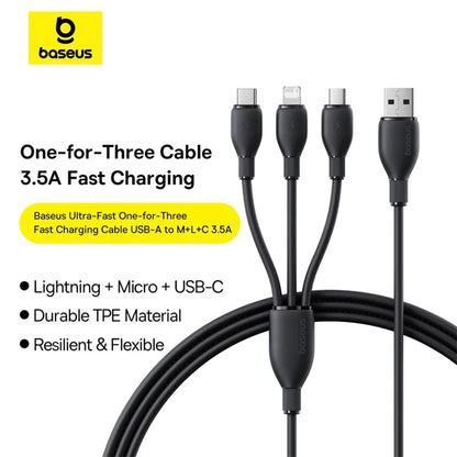 Cabo de Carregamento USB-A - Lightning / microUSB / USB-C Baseus Ultra Fast 3in1, 18W, 1.3m, Preto P10376303121-00