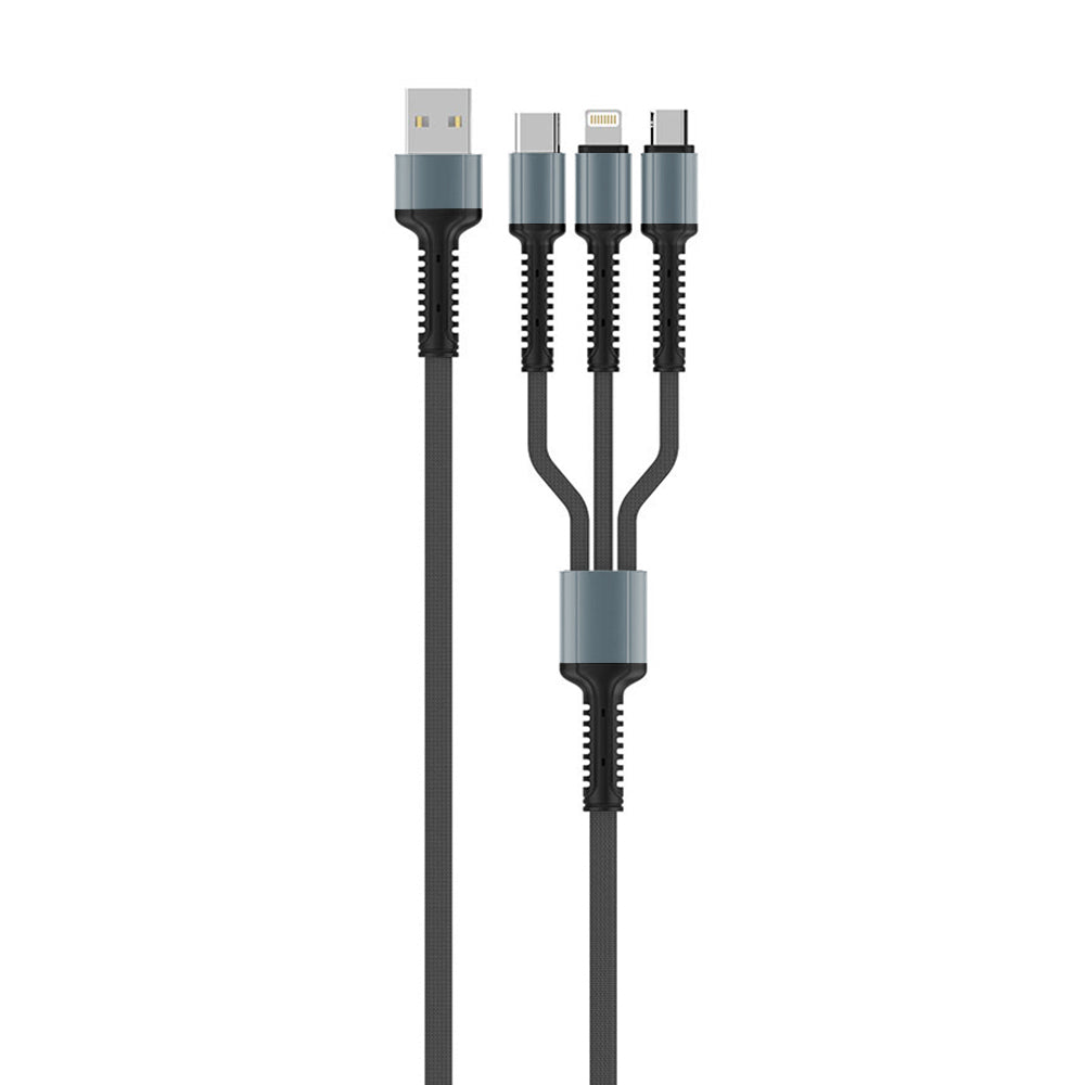Cabo de Carregamento USB-A - Lightning / microUSB / USB-C ColorWay CW-CBU3003, 20W, 1.2m, Cinzento