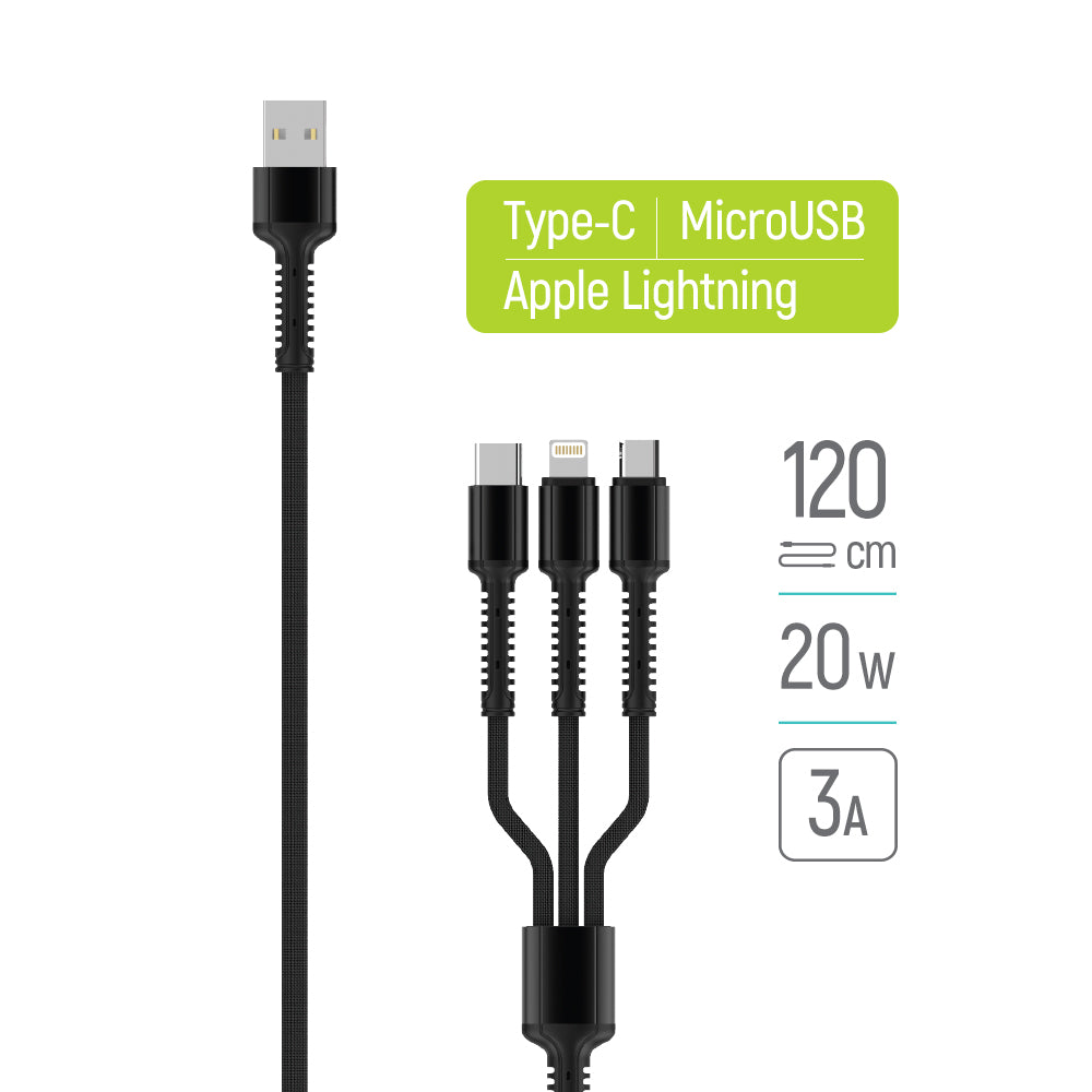 Cabo de Carregamento USB-A - Lightning / microUSB / USB-C ColorWay CW-CBU3003, 20W, 1.2m, Cinzento