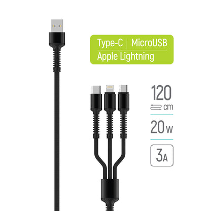 Cabo de Carregamento USB-A - Lightning / microUSB / USB-C ColorWay CW-CBU3003, 20W, 1.2m, Cinzento