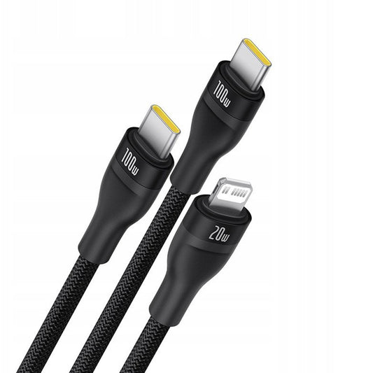 Cabo de Carregamento USB-C - Lightning / 2 x USB-C Baseus Flash Series III 3in1, 100W, 1.5m, Preto P10377502111-00