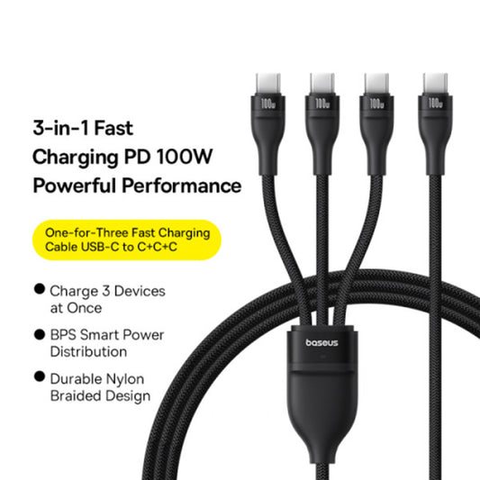 Cabo de Carregamento USB-C - 3 x USB-C Baseus Flash Series III 3in1, 100W, 1.5m, Preto P10377503111-00