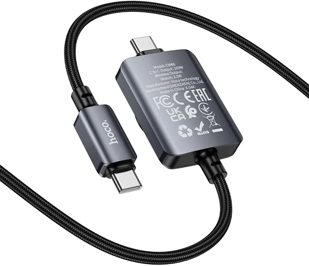 Cabo de Carregamento USB-C - USB-C HOCO CW66 2em1, 100W, 1,2m, Preto