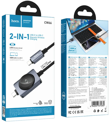 Cabo de Carregamento USB-C - USB-C HOCO CW66 2em1, 100W, 1,2m, Preto