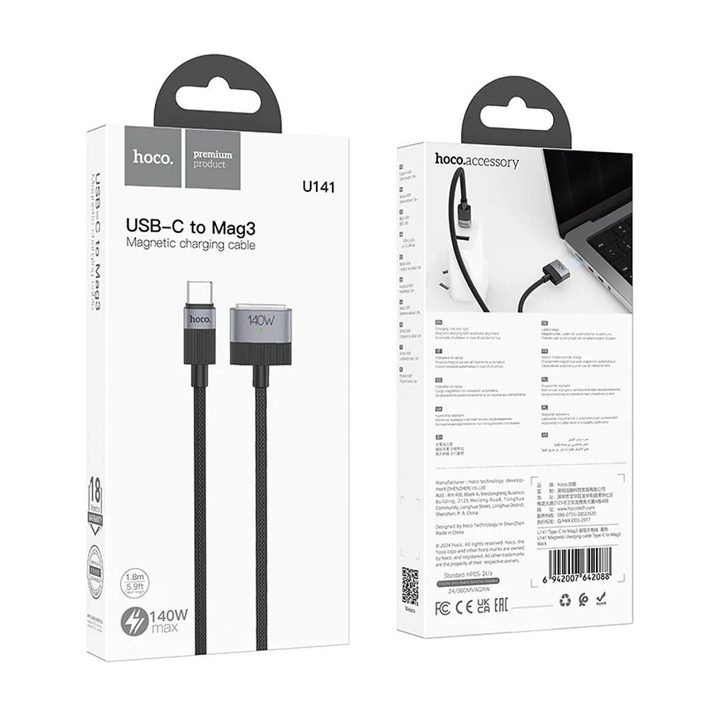 Cabo de Carregamento HOCO U141, USB-C - MagSafe 3, 140W, 1.8m, Preto