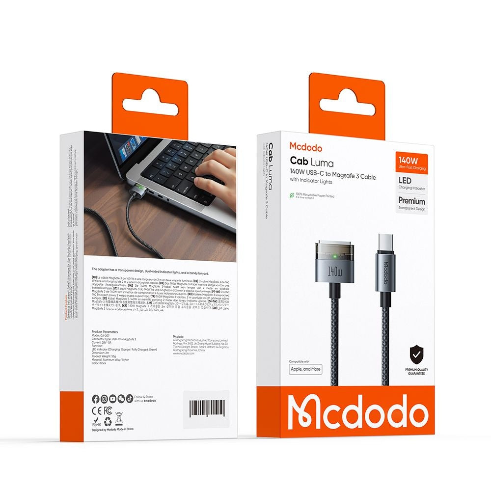 Cabo de Carregamento McDodo CA-2070, USB-C - MagSafe 3, 140W, 2m, Preto