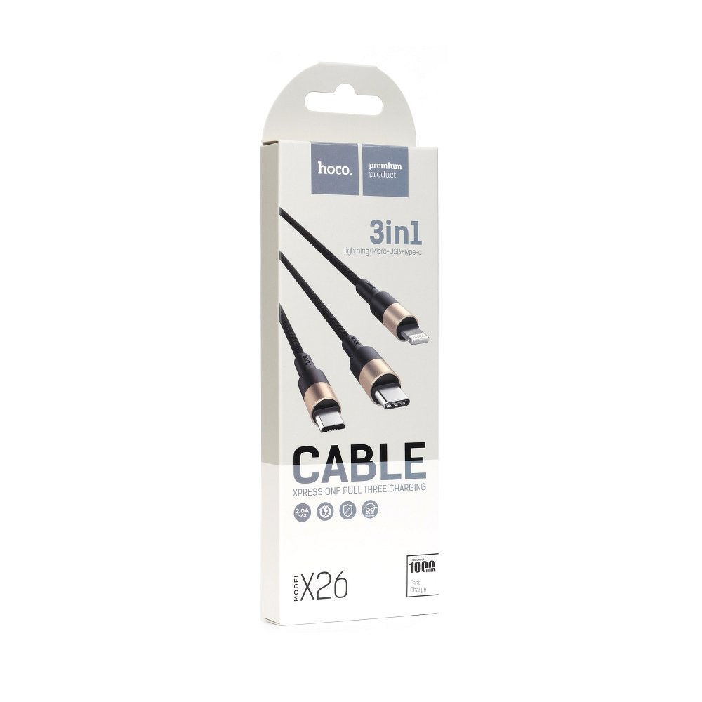 Cabo de carregamento USB-A - Lightning / microUSB / USB-C HOCO X26 Xpress 3in1, 18W, 1m, dourado