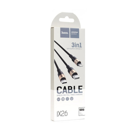 Cabo de carregamento USB-A - Lightning / microUSB / USB-C HOCO X26 Xpress 3in1, 18W, 1m, dourado