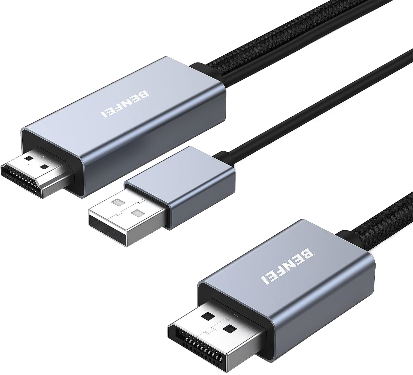 Cabo de Vídeo Benfei, HDMI / USB-A - DisplayPort, 4K, 1,8m, Cinzento