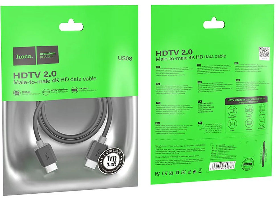 Cabo de Vídeo HOCO US08, HDMI - HDMI, 4K, 1m, Preto