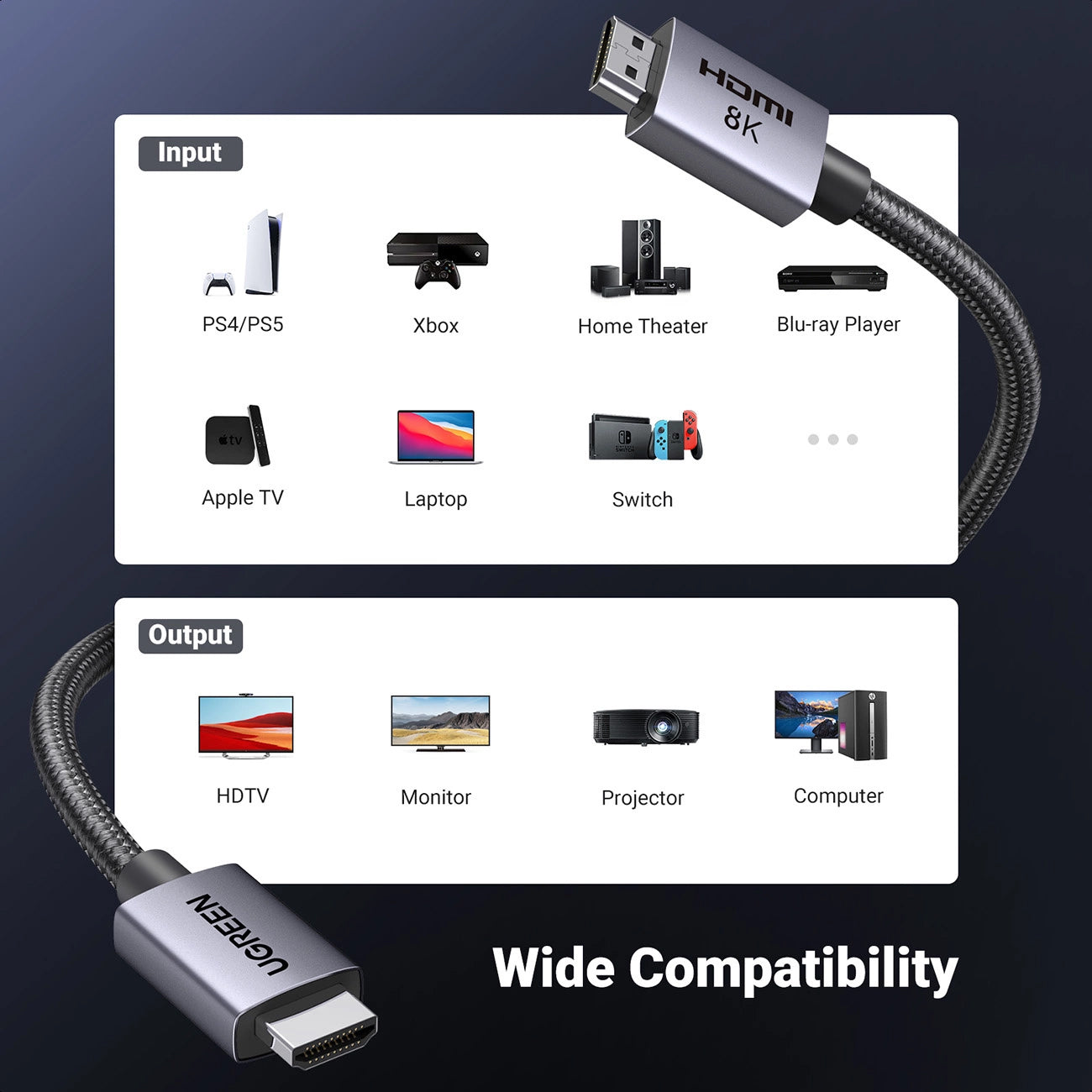 Cabo de Vídeo UGREEN HD171, HDMI - HDMI, 8K, 1m, Preto