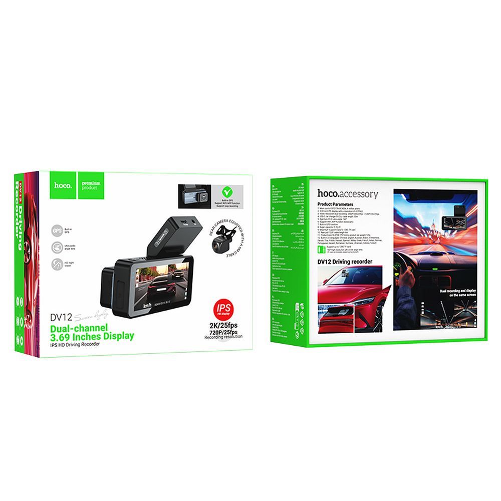 Câmara Auto Frente Traseira HOCO DV12, 2K, Wi-Fi, GPS, Ecrã 3.69 polegadas