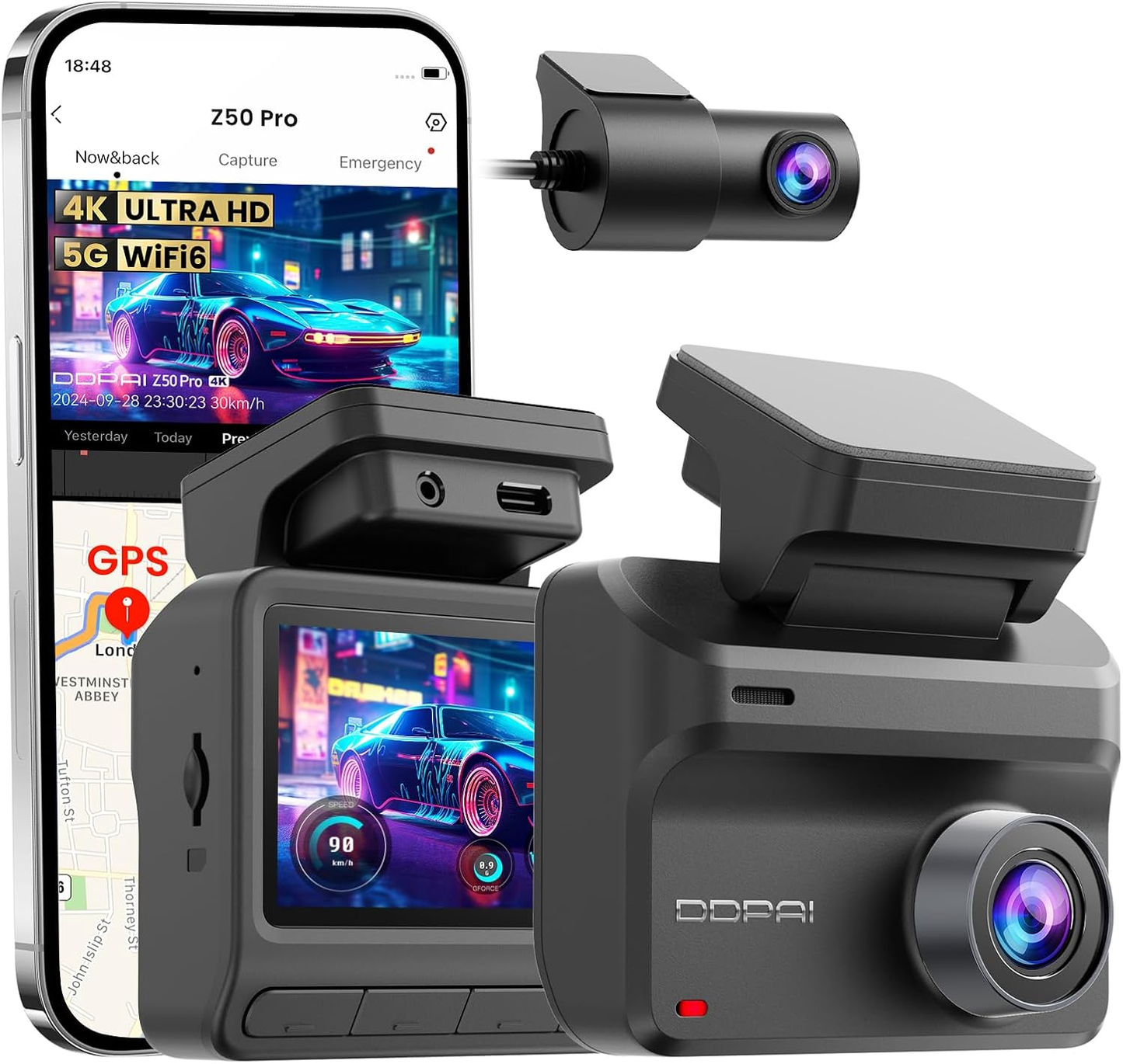 Câmara Auto Frente Traseira DDPAI Z50 Pro Dual, 4K, Wi-Fi, GPS, Ecrã 3 polegadas