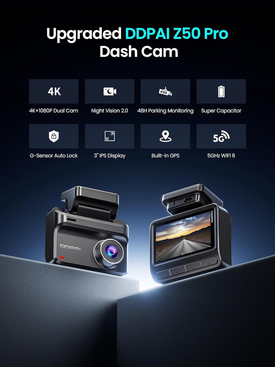 Câmara Auto Frente Traseira DDPAI Z50 Pro Dual, 4K, Wi-Fi, GPS, Ecrã 3 polegadas