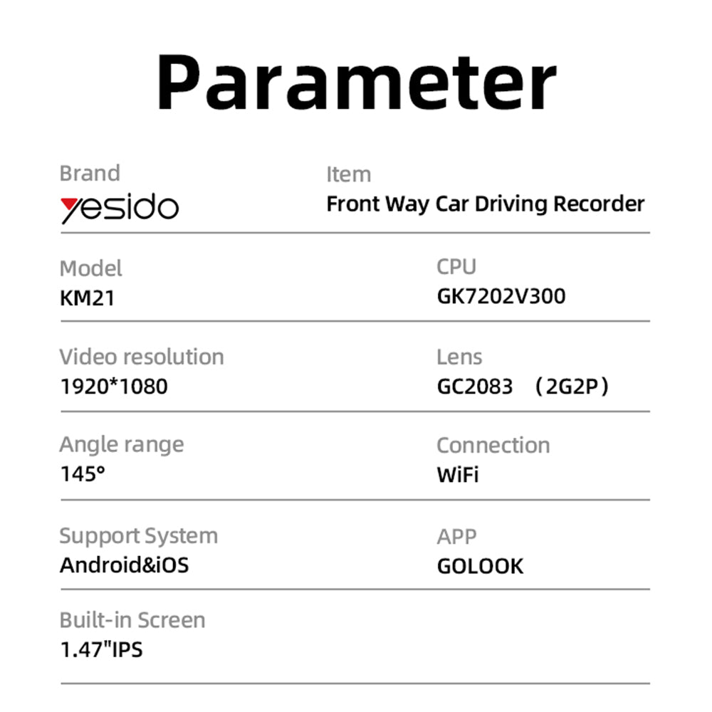Câmara Auto Yesido KM21, 1080P, Wi-Fi, Ecrã 1.47 polegadas