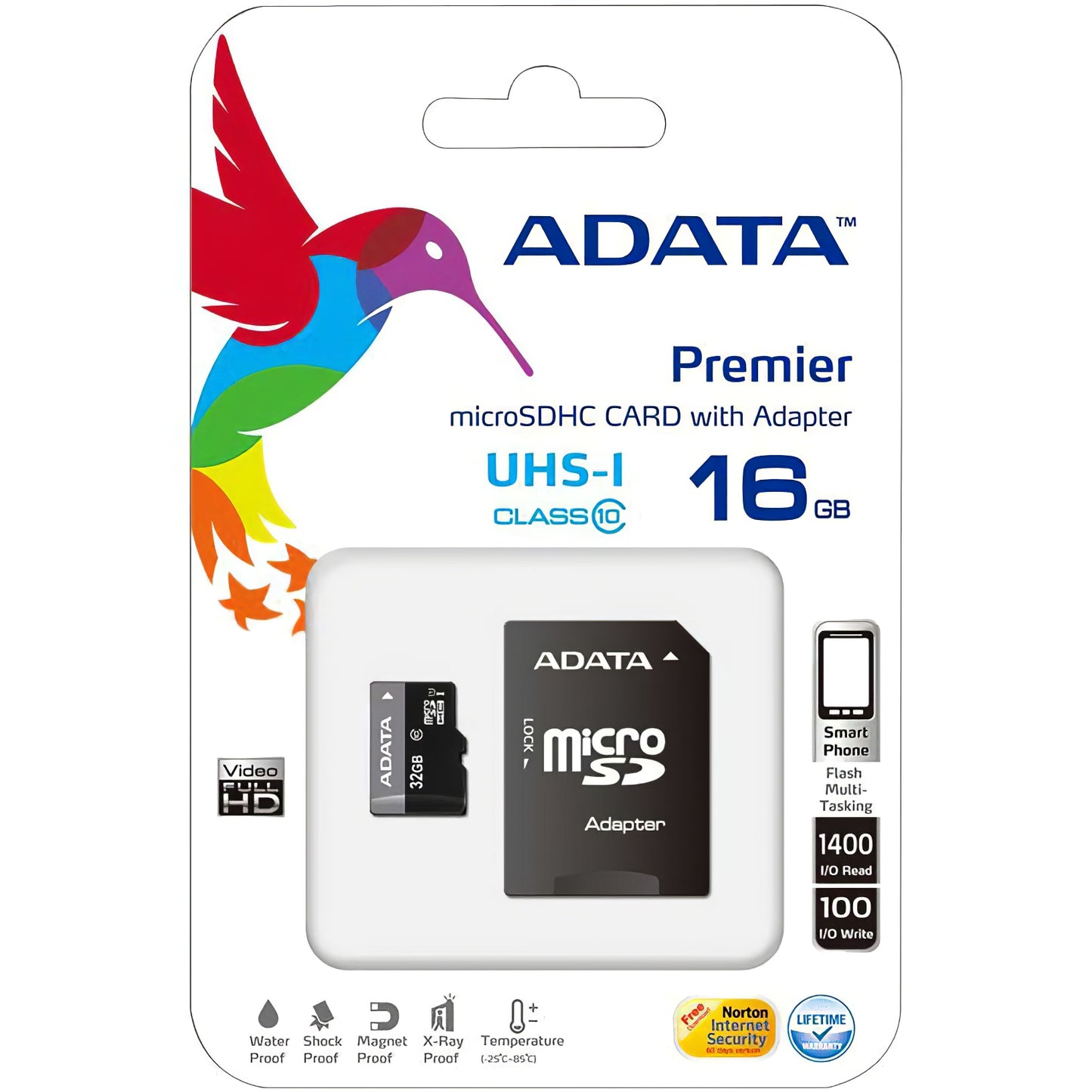 Cartão de memória microSDHC Adata Premier, 16 Gb, Classe 10 / UHS-1 U1, com adaptador AUSDH16GUICL10-RA1 AUSDH16GUICL10-RA1 