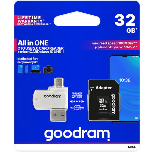 Cartão de Memória microSDHC GoodRam, 32Gb, Classe 10 / UHS-1 U1, Com Leitor de Cartão e Adaptador M1A4-0320R12