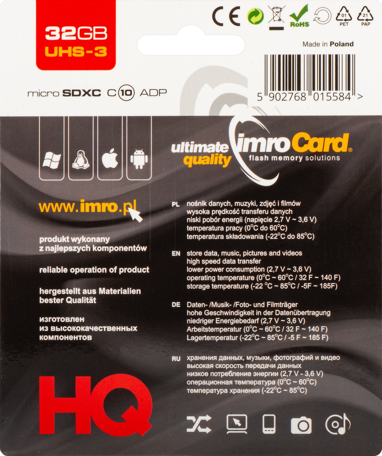 Cartão de Memória microSDHC Imro, 32Gb, Classe 10 / UHS-1 U3, Com Adaptador
