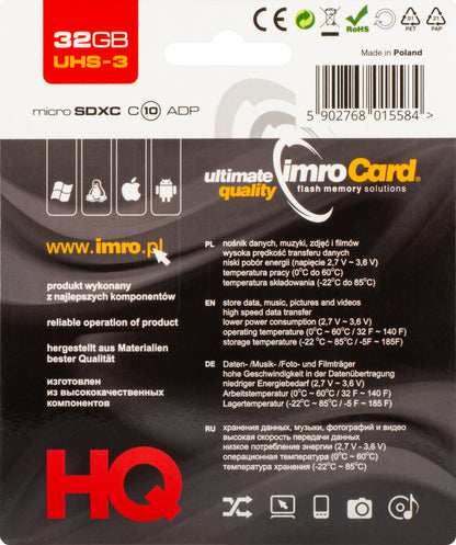 Cartão de Memória microSDHC Imro, 32Gb, Classe 10 / UHS-1 U3, Com Adaptador
