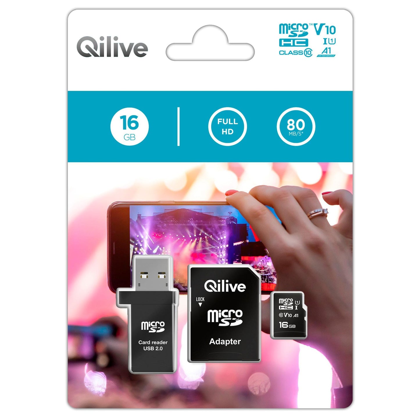 Cartão de Memória microSDHC Qilive, 16Gb, Classe 10, Com Leitor de Cartão e Adaptador EKMSDM16GHC10QL