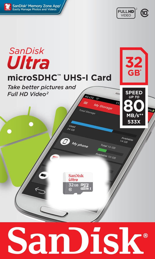 Cartão de memória microSDHC SanDisk Ultra Android, 32 Gb, Classe 10 / UHS-1 U1 SDSQUNR-032G-GN3MN SDSQUNR-032G-GN3MN