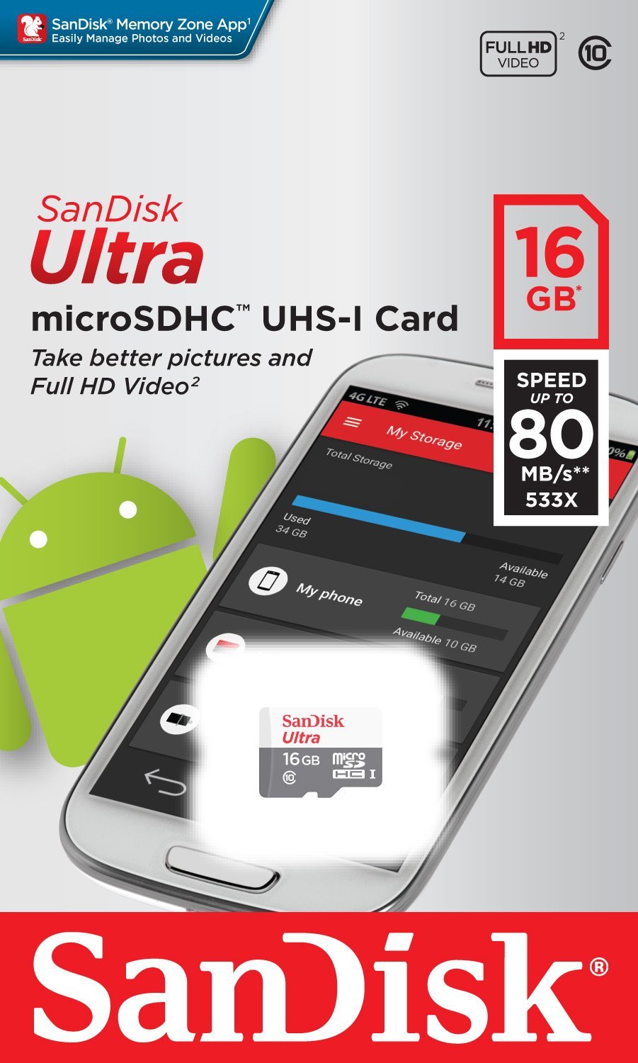 Cartão de Memória SanDisk Ultra Android microSDHC microSDHC, 16Gb, Classe 10 / UHS-1 U1 SDSQUNS-016G-GN3MN SDSQUNS-016G-GN3MN